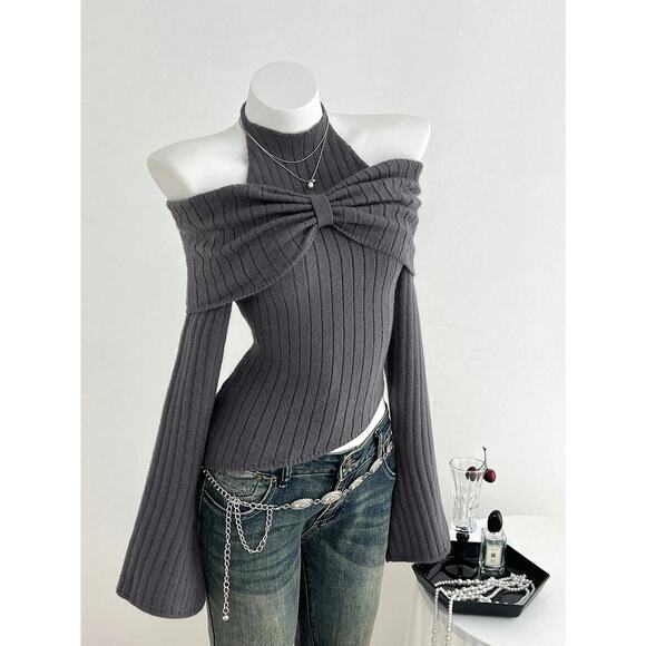 Wicked Silk Sweaters - Women’s Dark Grey Ribbed Knit Halter Off-Shoulder Sweater Top w/ Bow Detail - XL